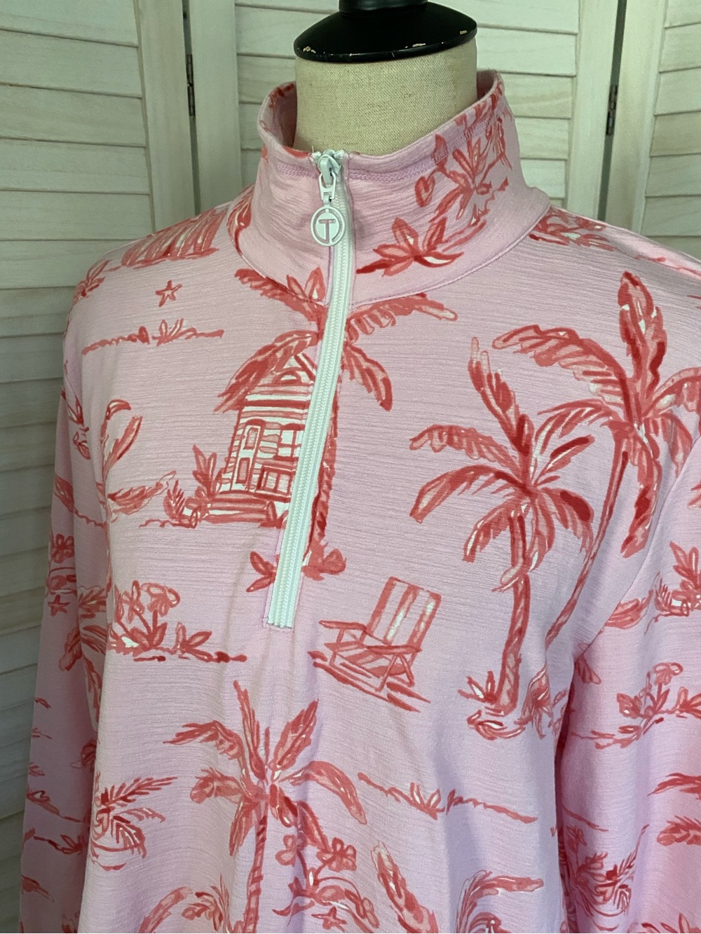 T by Talbots Pink Tropical Palm Print Quarter Zip Long Sleeve Top SZ XL uPF 50+ - Picture 11 of 15